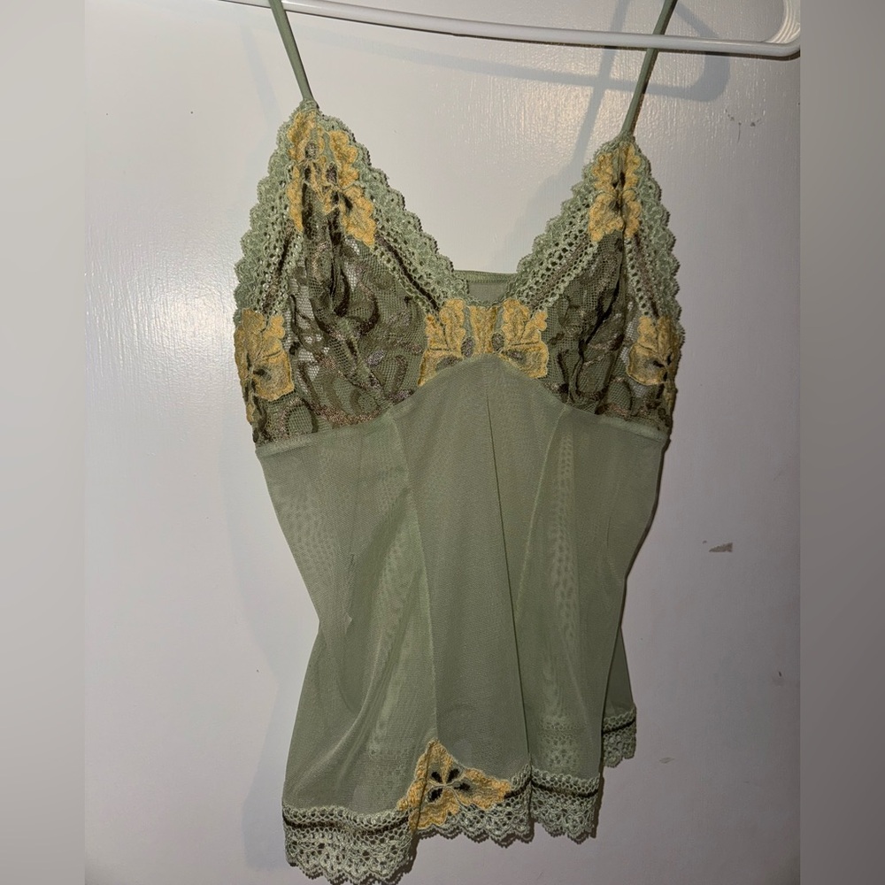 Aubade Lace Trim Top in Sage Green with Floral Accents
